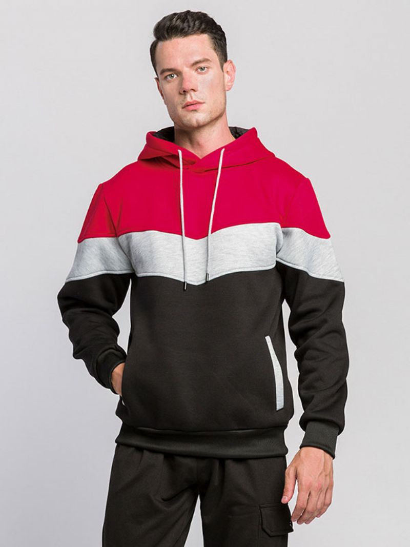 Mænd Hættetrøjer Rød Hooded Langærmet Color Block Polyester Sweatshirt