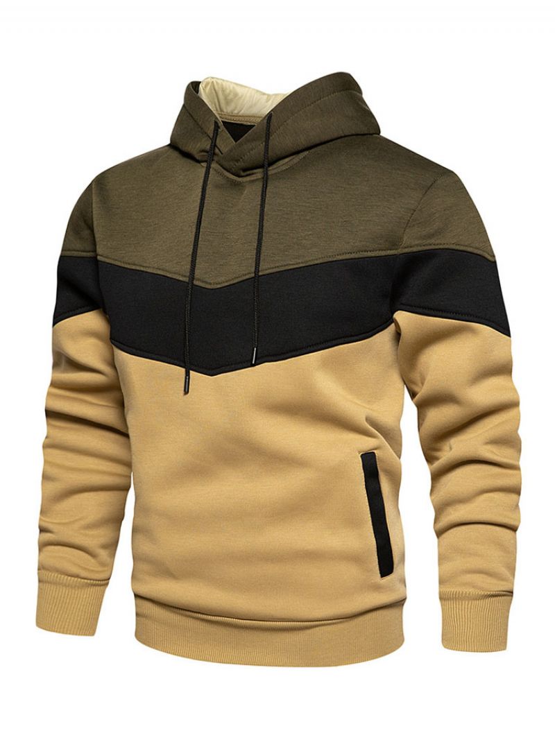 Mænd Hættetrøjer Rød Hooded Langærmet Color Block Polyester Sweatshirt - Hunter Green