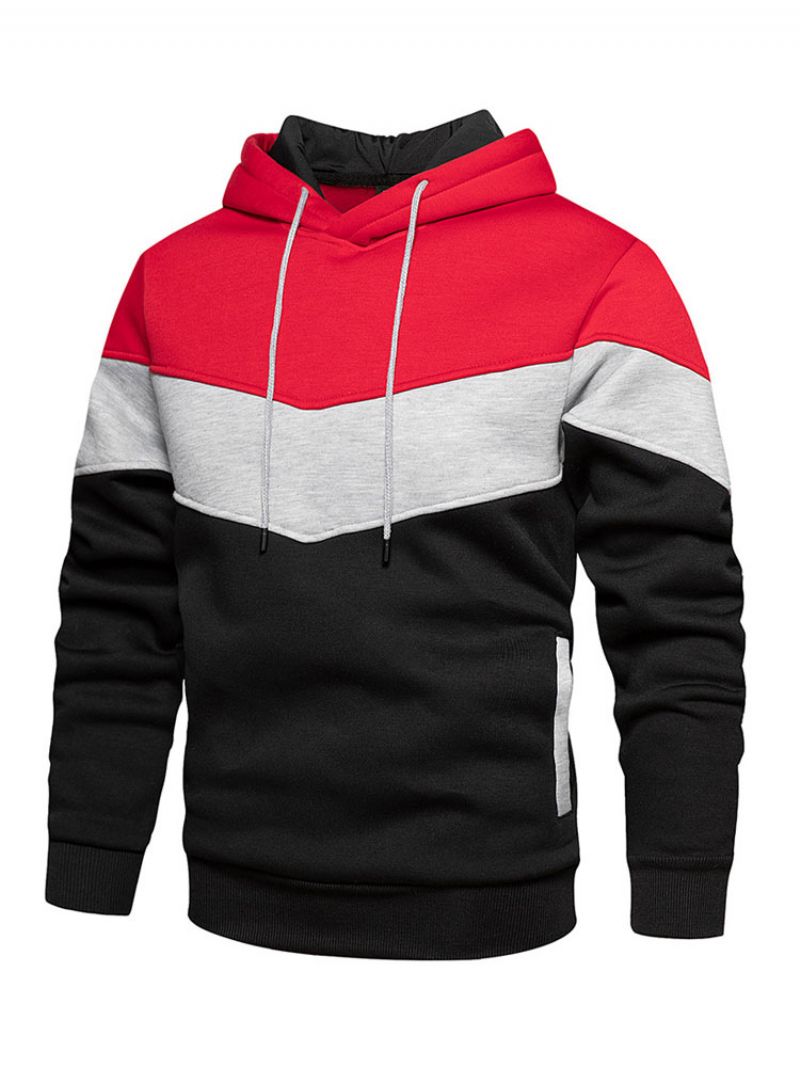 Mænd Hættetrøjer Rød Hooded Langærmet Color Block Polyester Sweatshirt - Burgunder