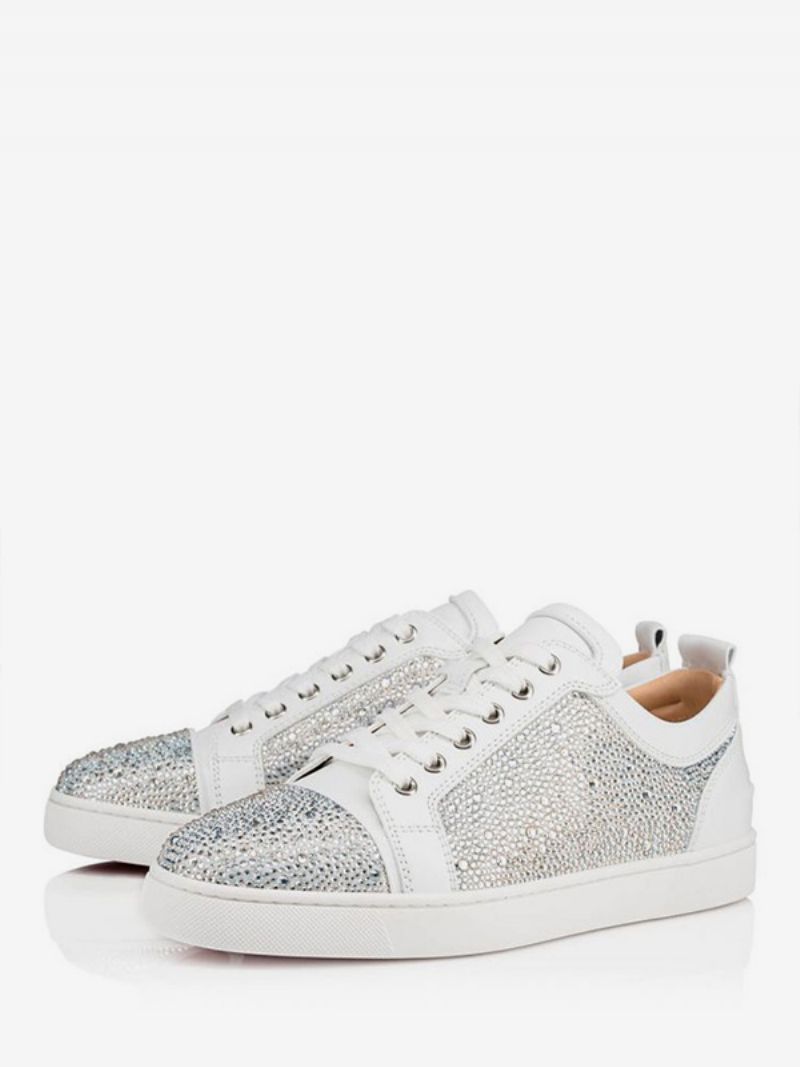 Mænd Herre Prom Party Sneakers Sko Hyggeligt Ruskindslæder Rund Tå Rhinestones Artwork - Hvid