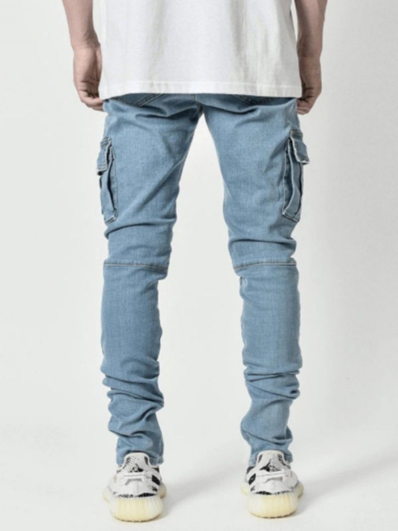 Mænd Jeans Casual Distressed Antik Design Skinny Lys Himmelblå Denimbukser - Lys Himmelblå