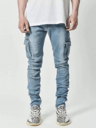 Mænd Jeans Casual Distressed Antik Design Skinny Lys Himmelblå Denimbukser