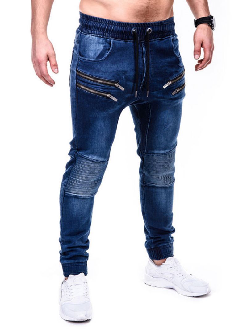 Mænd Jeans Chic Distressed Antik Design Skinny Blue Denim Bukser - Blå