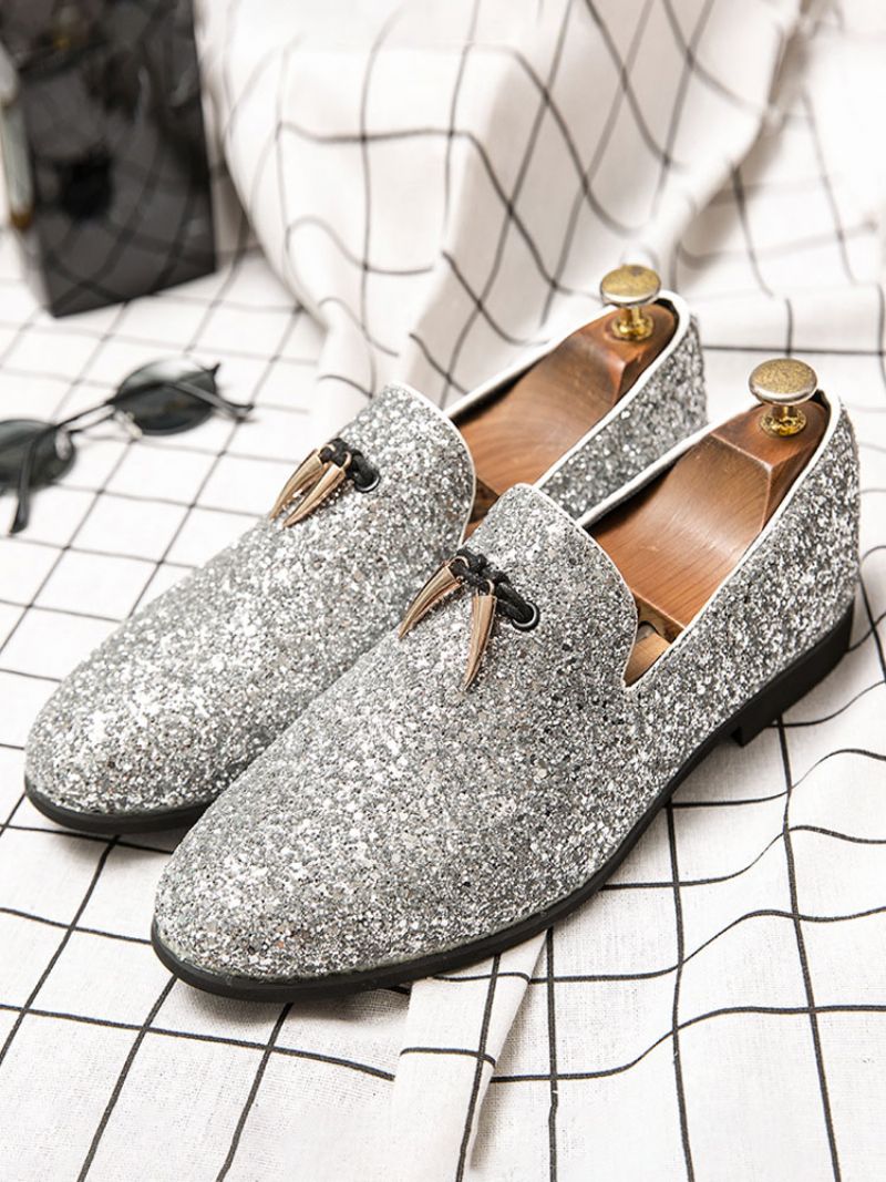 Mænd Loafer Prom Fest Bryllup Sko Sort Glitter Slip-on Rund Toe Dress - Sølv