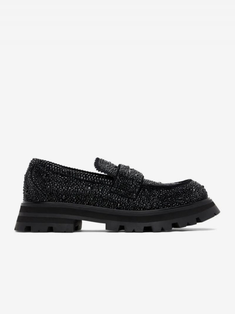 Mænd Loafer Sko Til Slip-on Rhinestones Rund Tå Ruskind Læder Gallafest Bryllup - Sort