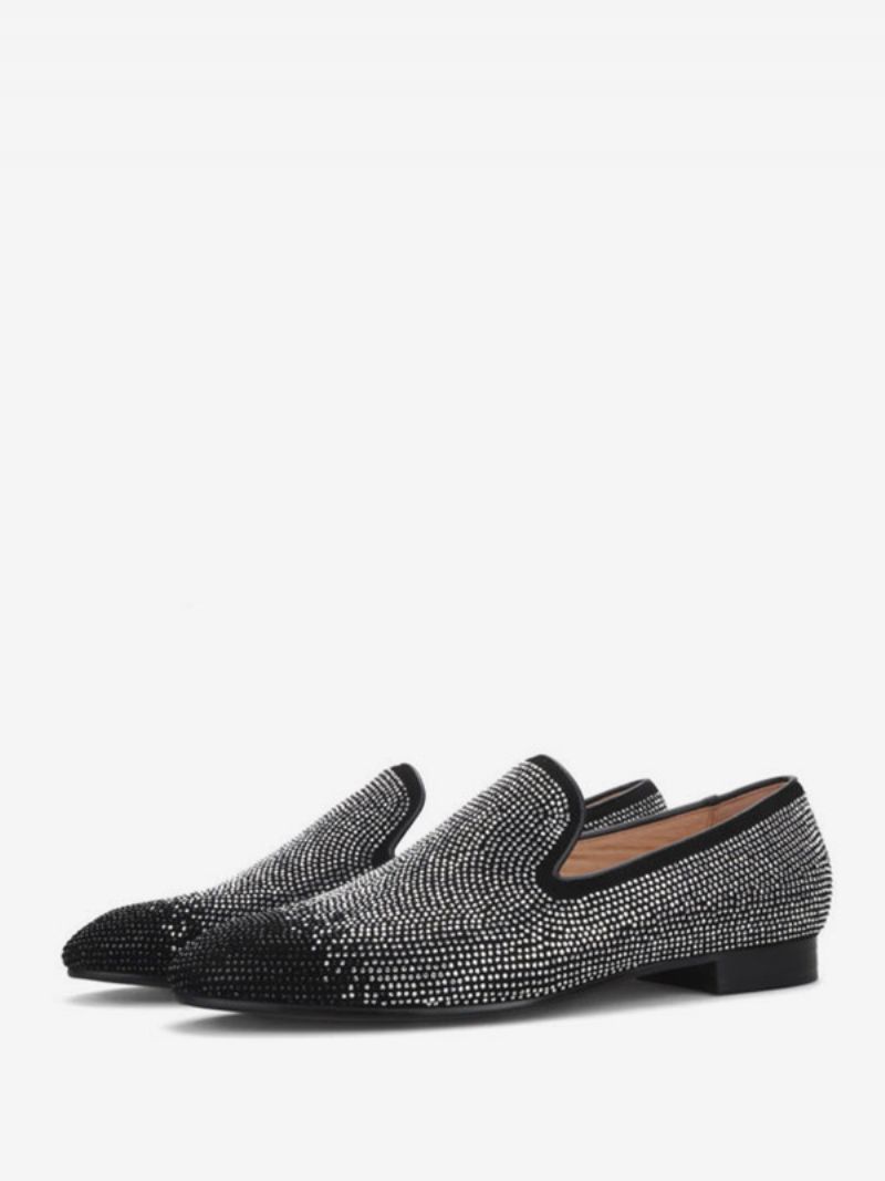 Mænd Loafer Til Sort Og Sølv Krystal Rhinestones Slip-on Rund Tå Ruskind Øvre Gallafest Bryllupssko