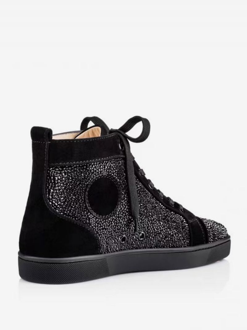 Mænds Afslappede Høje Sneakers Sort Rund Tå Rhinestones Slip-on Sko Herresko - Sort