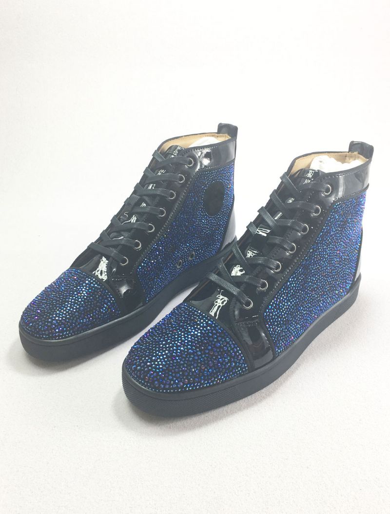 Mænds Blå Læder High Top Prom Party Sneakers Sko Med Rhinestones