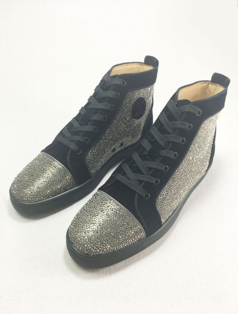 Mænds Blå Læder High Top Prom Party Sneakers Sko Med Rhinestones - Sølv