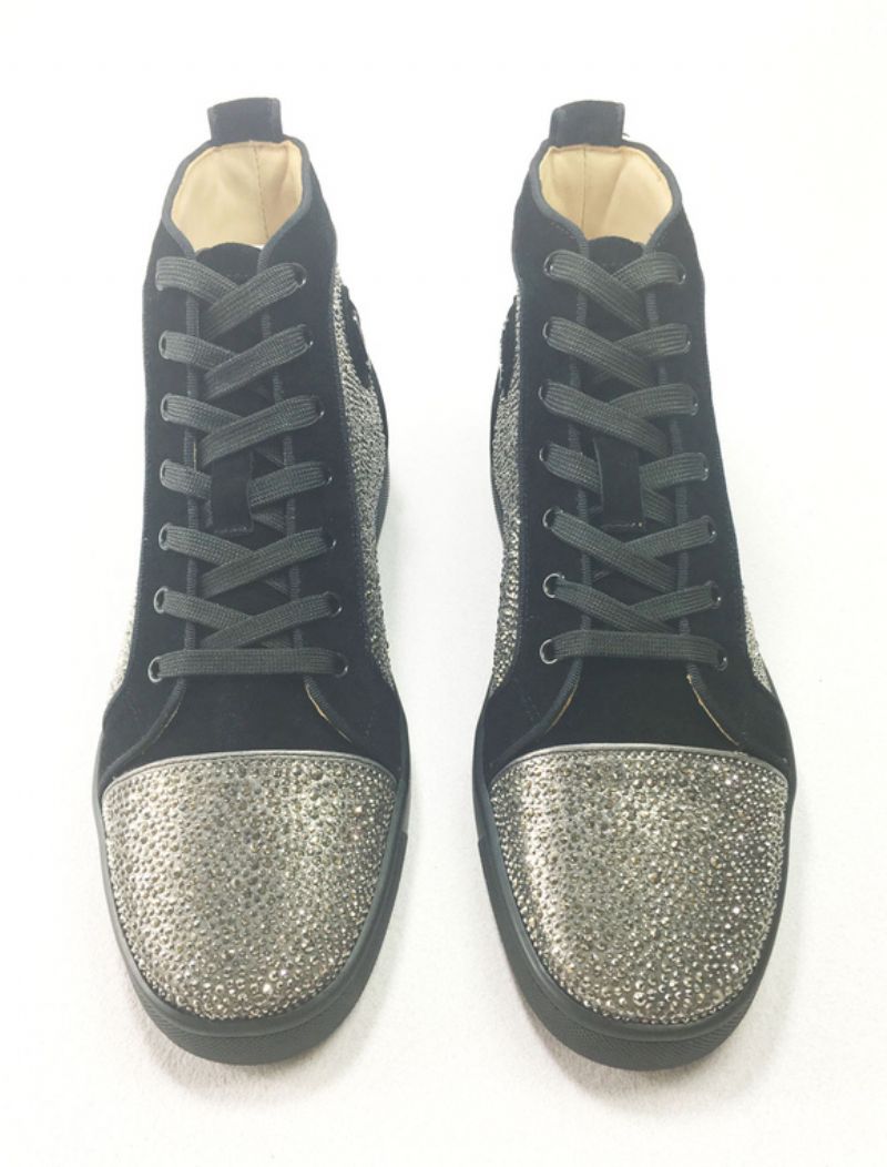 Mænds Blå Læder High Top Prom Party Sneakers Sko Med Rhinestones - Sølv