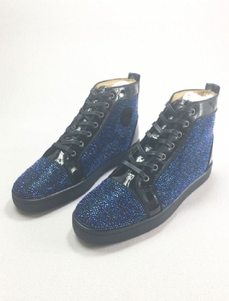 Mænds Blå Læder High Top Prom Party Sneakers Sko Med Rhinestones