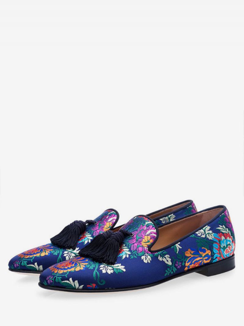 Mænds Blå Satin Blomsterbroderede Prom Loafers Sko Med Kvast