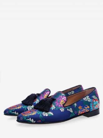 Mænds Blå Satin Blomsterbroderede Prom Loafers Sko Med Kvast