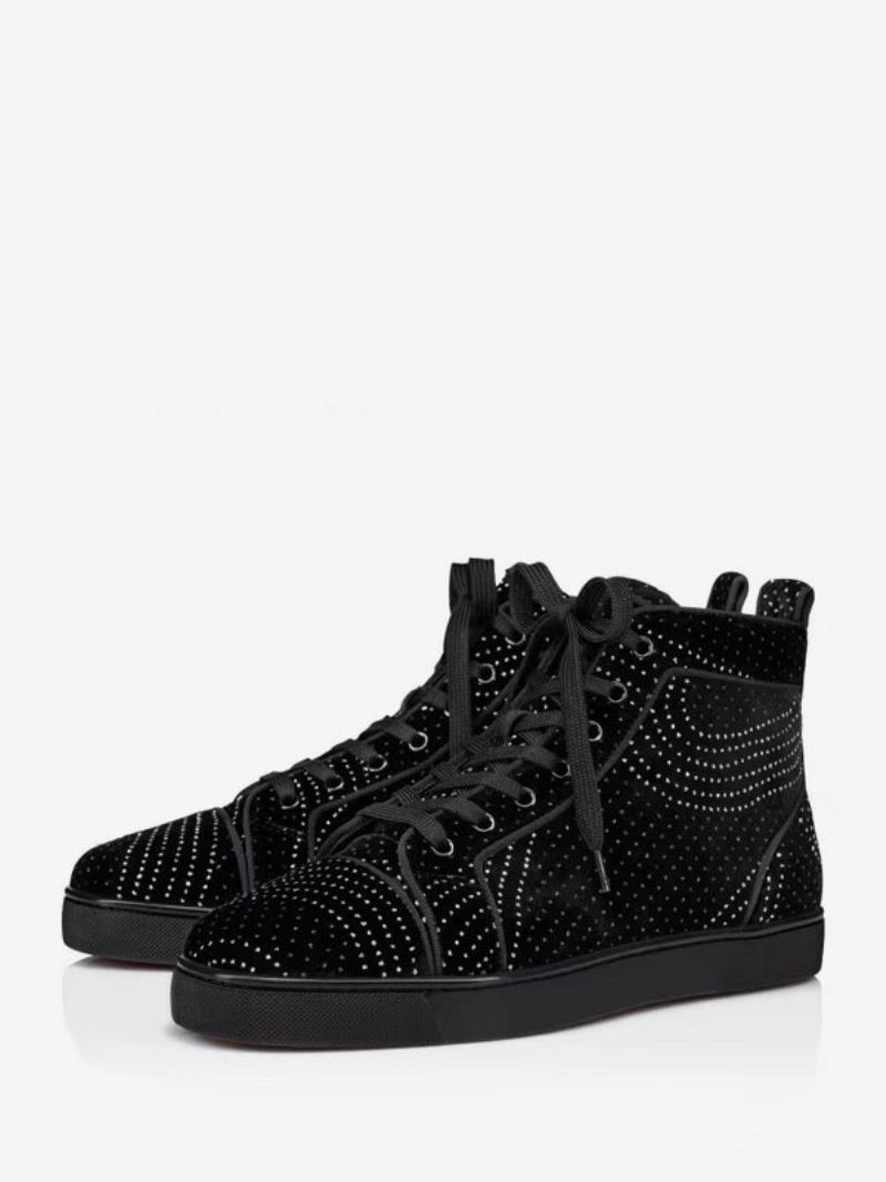 Mænds Fritidssko Hvid Rund Tå Rhinestones Slip-on High Top Sneakers - Sort