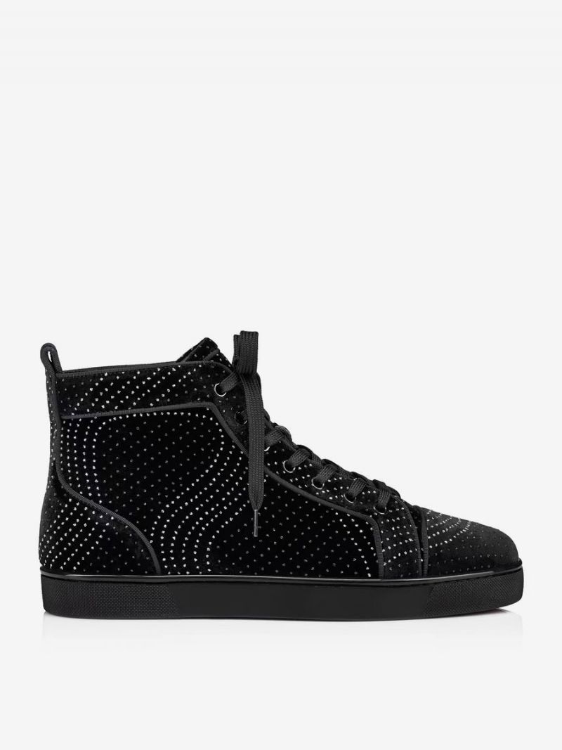 Mænds Fritidssko Hvid Rund Tå Rhinestones Slip-on High Top Sneakers - Sort