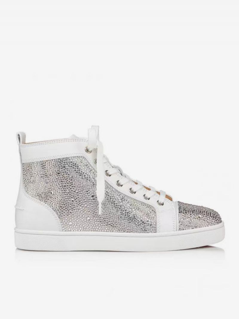 Mænds Fritidssko Hvid Rund Tå Rhinestones Slip-on High Top Sneakers - Hvid