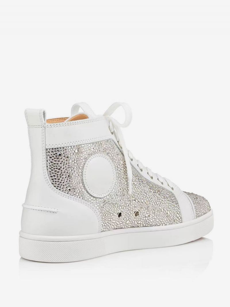 Mænds Fritidssko Hvid Rund Tå Rhinestones Slip-on High Top Sneakers - Hvid