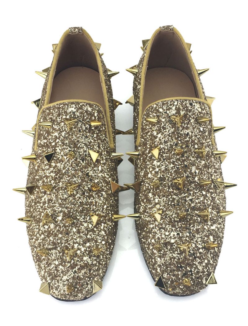 Mænds Gold Glitter Spike Loafers Slip On Gallakjole Til Fest Bryllup Sko Galla - Gul