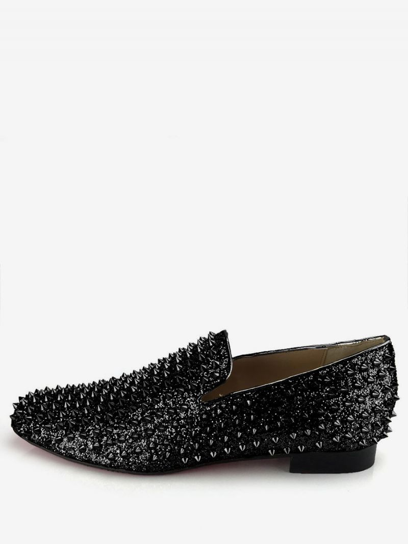 Mænds Gold Glitter Spike Loafers Slip On Prom Party Bryllupssko - Sort