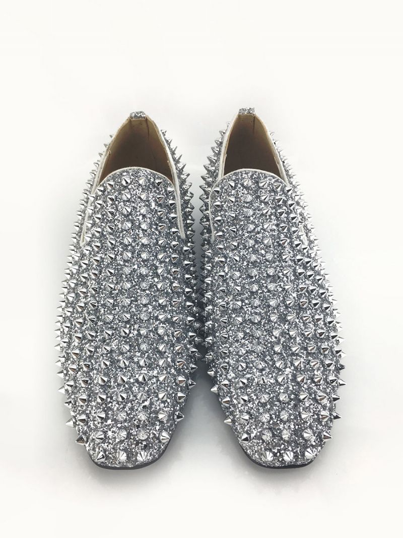 Mænds Gold Glitter Spike Loafers Slip On Prom Party Bryllupssko - Sølv