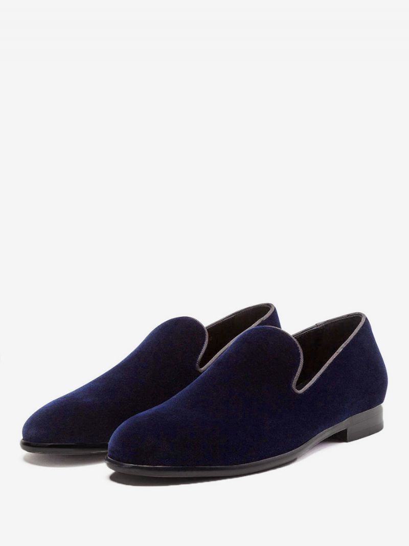 Mænds Herre Hjemmesko I Rød Fløjl Loafers Prom Bryllupssko Rund Tå Slip On Sko - Deep Blue