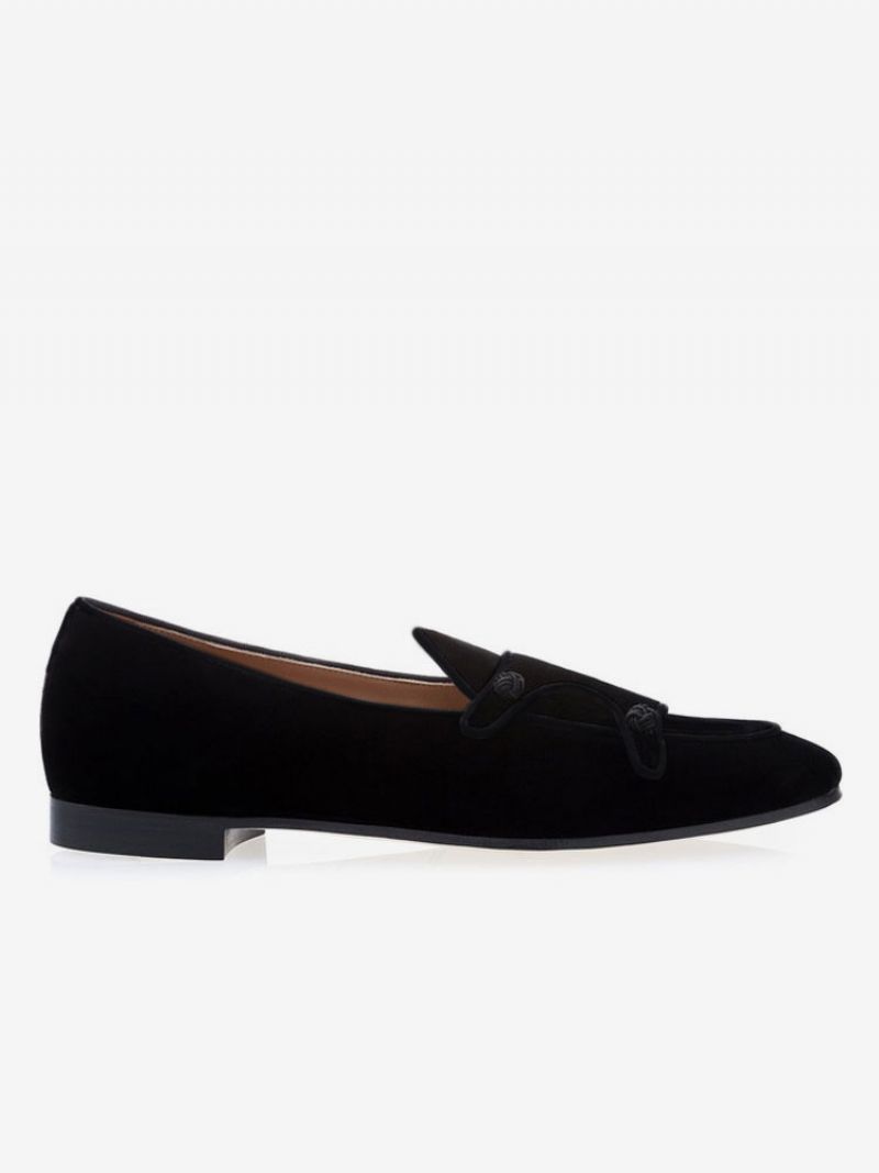 Mænds Herre Sort Velvet Monk Strap Loafers Rund Toe Prom Party Bryllupssko - Sort