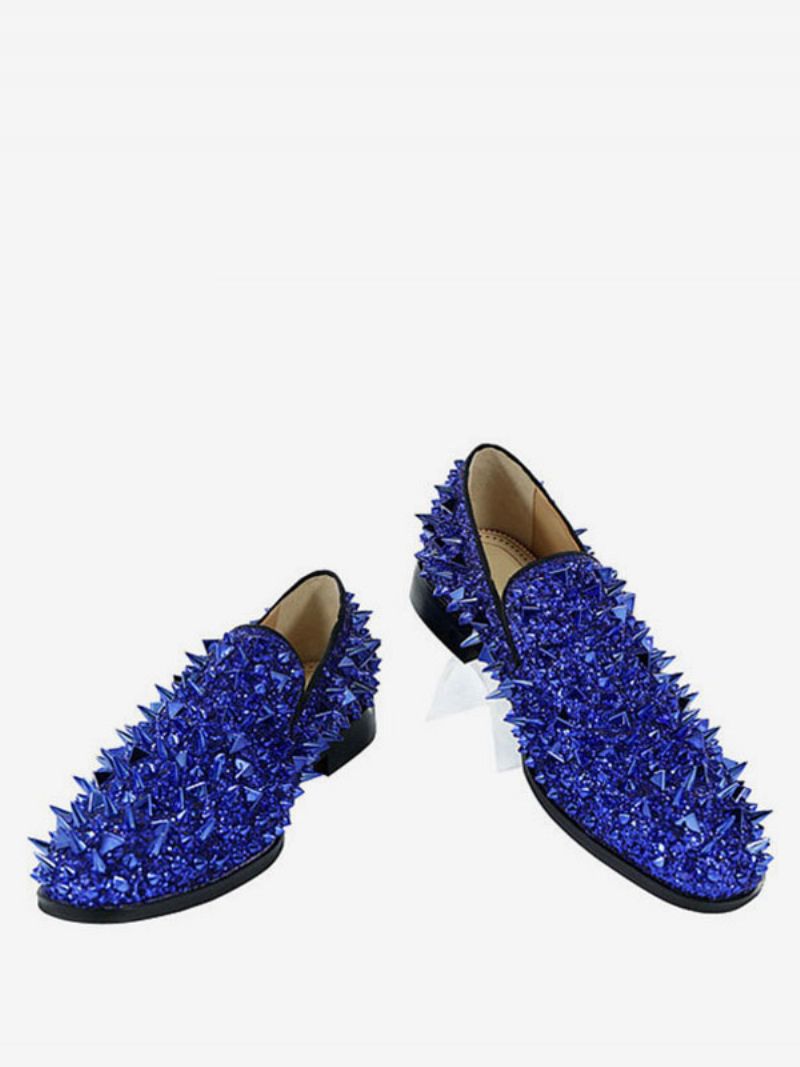 Mænds Herre Spike Loafers Sko Glitter Blå Rund Toe Prom Party Bryllupssko