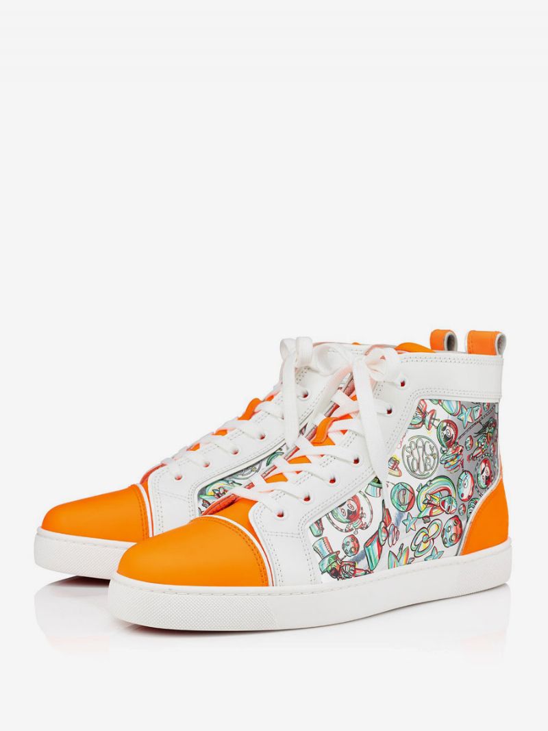 Mænds High Top Gallafest Sneakers Sko Orange Rund Tå Kunstværk Trykt Snørebånd