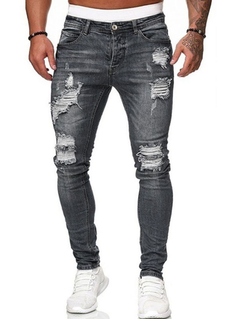 Mænds Jeans Til Mænd Chic Distressed Antik Design Skinny Deep Blue - Grå