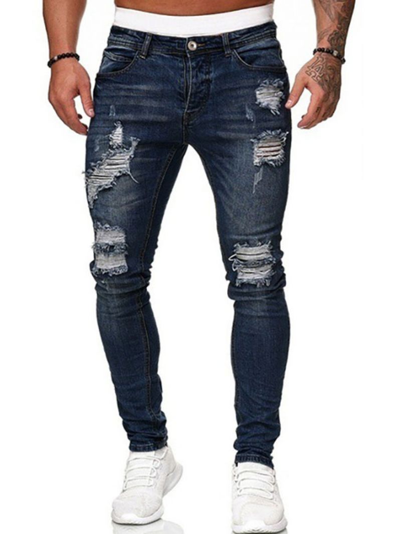 Mænds Jeans Til Mænd Chic Distressed Antik Design Skinny Deep Blue - Blå