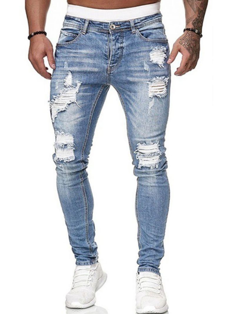 Mænds Jeans Til Mænd Chic Distressed Antik Design Skinny Deep Blue - Lys Himmelblå