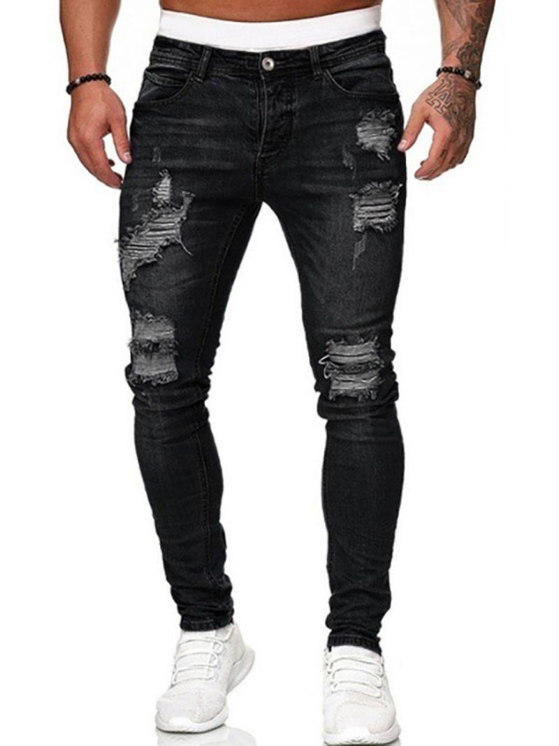 Mænds Jeans Til Mænd Chic Distressed Antik Design Skinny Deep Blue - Sort