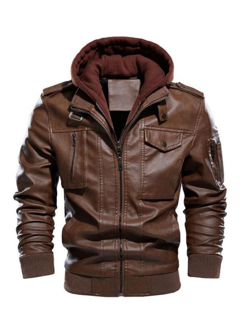 Mænds Læderjakker Color Block Lynlås Thicken Windbreaker Fashion Layered Coffee Brown