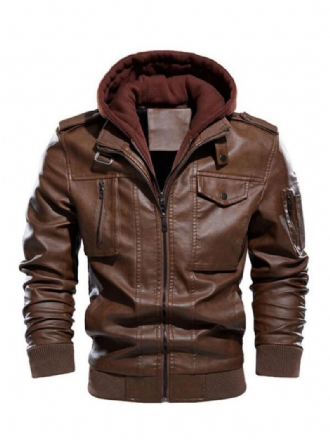 Mænds Læderjakker Color Block Lynlås Thicken Windbreaker Fashion Layered Coffee Brown