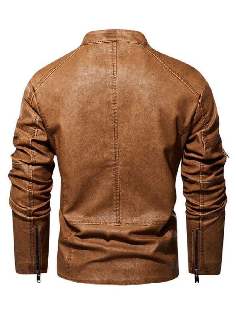 Mænds Læderjakker Lynlås Pu-læder Thicken Moto Stilfuld Layered Coffee Brown - Kaffe Brun