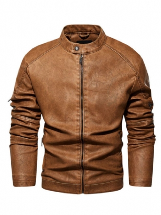 Mænds Læderjakker Lynlås Pu-læder Thicken Moto Stilfuld Layered Coffee Brown