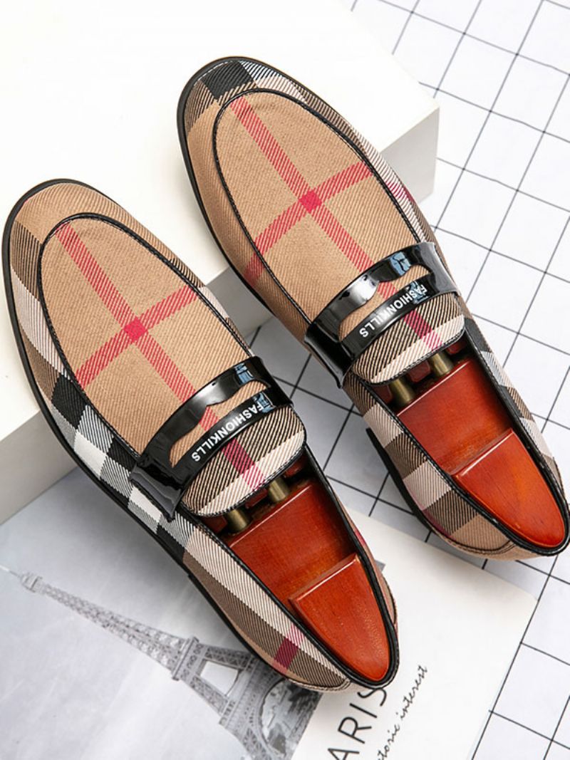 Mænds Loafer Prom Bryllupssko Populære Pu Læder Monk Strap Plaid Slip-on Party - Kaki