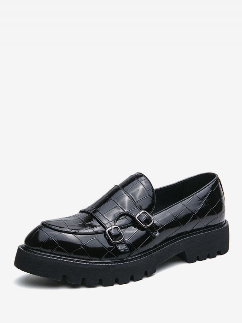 Mænds Loafer Sko Pu Læder Monk Strap Plaid Slip-on - Sort