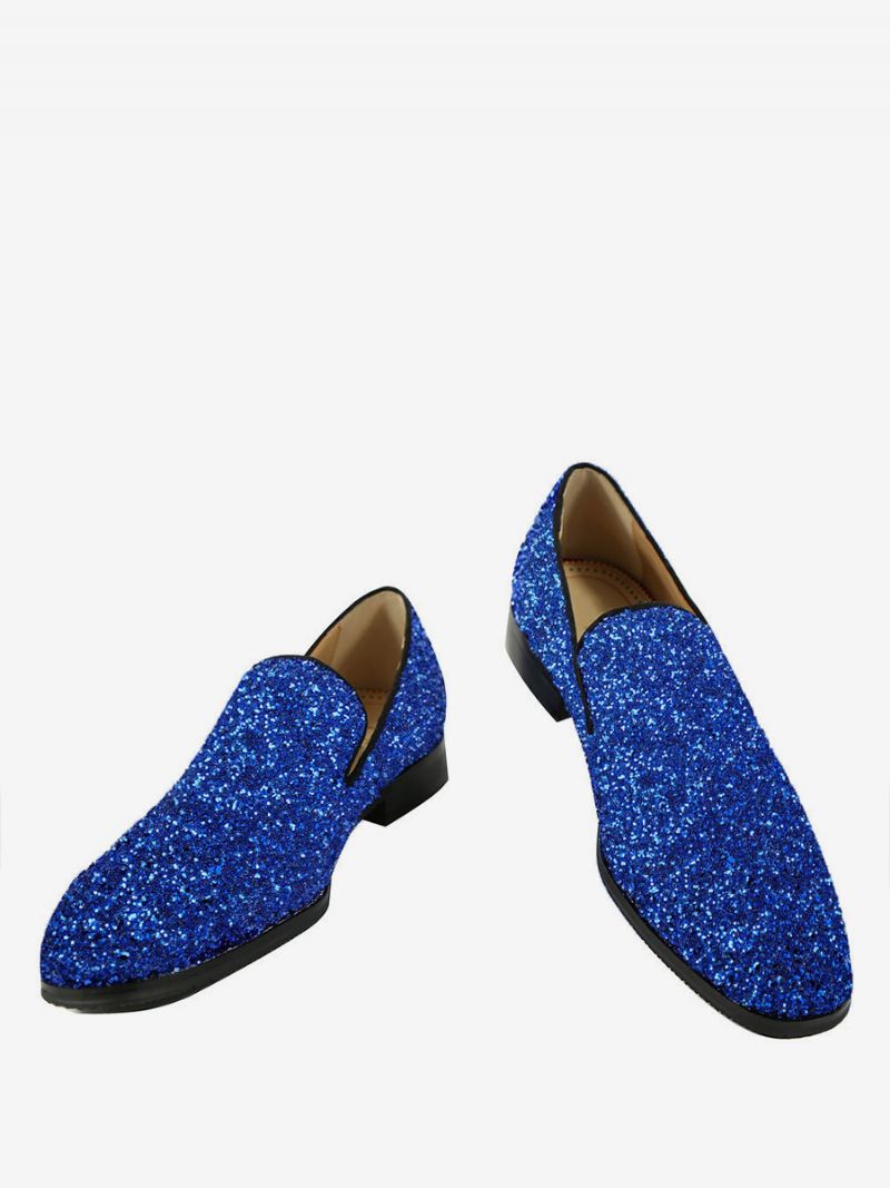 Mænds Mænd Blå Glitter Pailletter Loafers Runde Tå Slip On Prom Party Bryllupssko