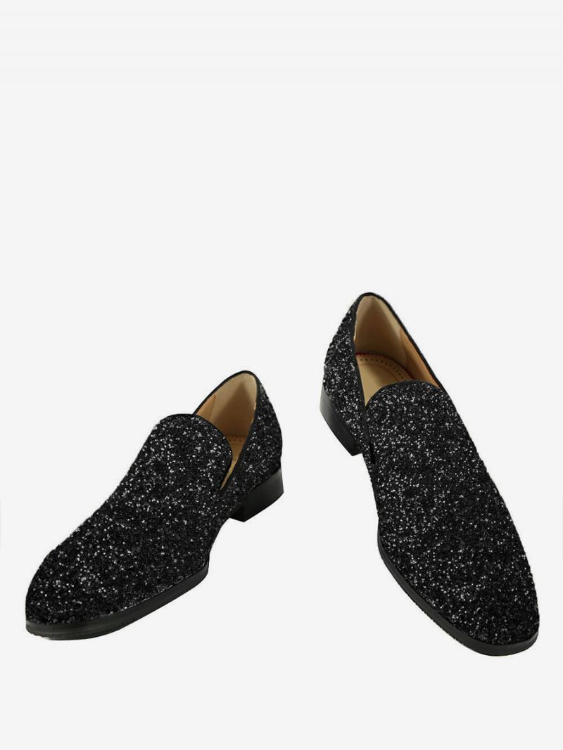 Mænds Mænd Blå Glitter Pailletter Loafers Runde Tå Slip On Prom Party Bryllupssko - Sort