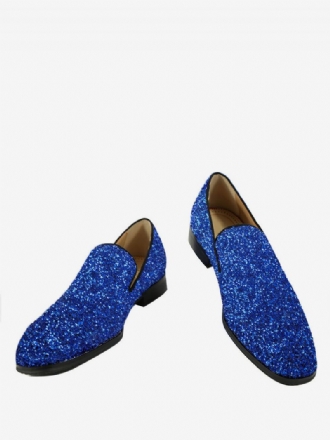 Mænds Mænd Blå Glitter Pailletter Loafers Runde Tå Slip On Prom Party Bryllupssko