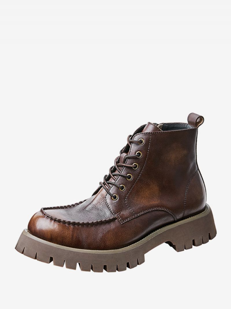 Mænds Martin Brogue Business Casual Retro Kaffe Brun Kohud Runde Toe Kampstøvler