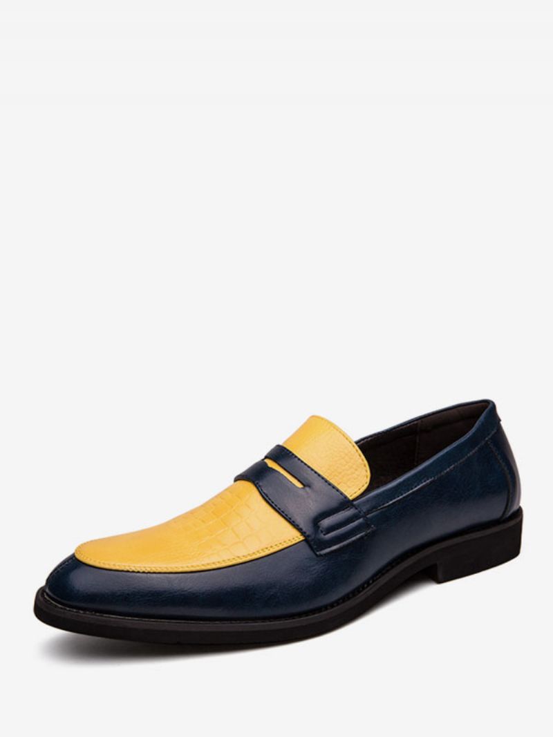 Mænds Penny Loafers Blå Rund Tå Slip-on Dress Groom Sko - Gul