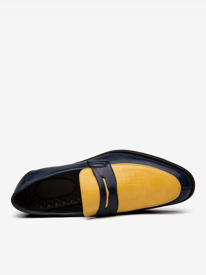 Mænds Penny Loafers Blå Rund Tå Slip-on Dress Groom Sko - Gul