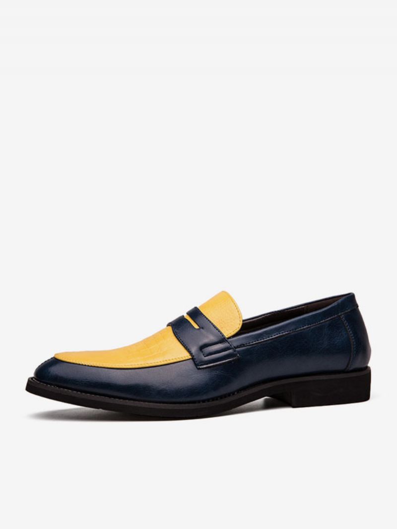 Mænds Penny Loafers Blå Rund Tå Slip-on Dress Groom Sko - Gul