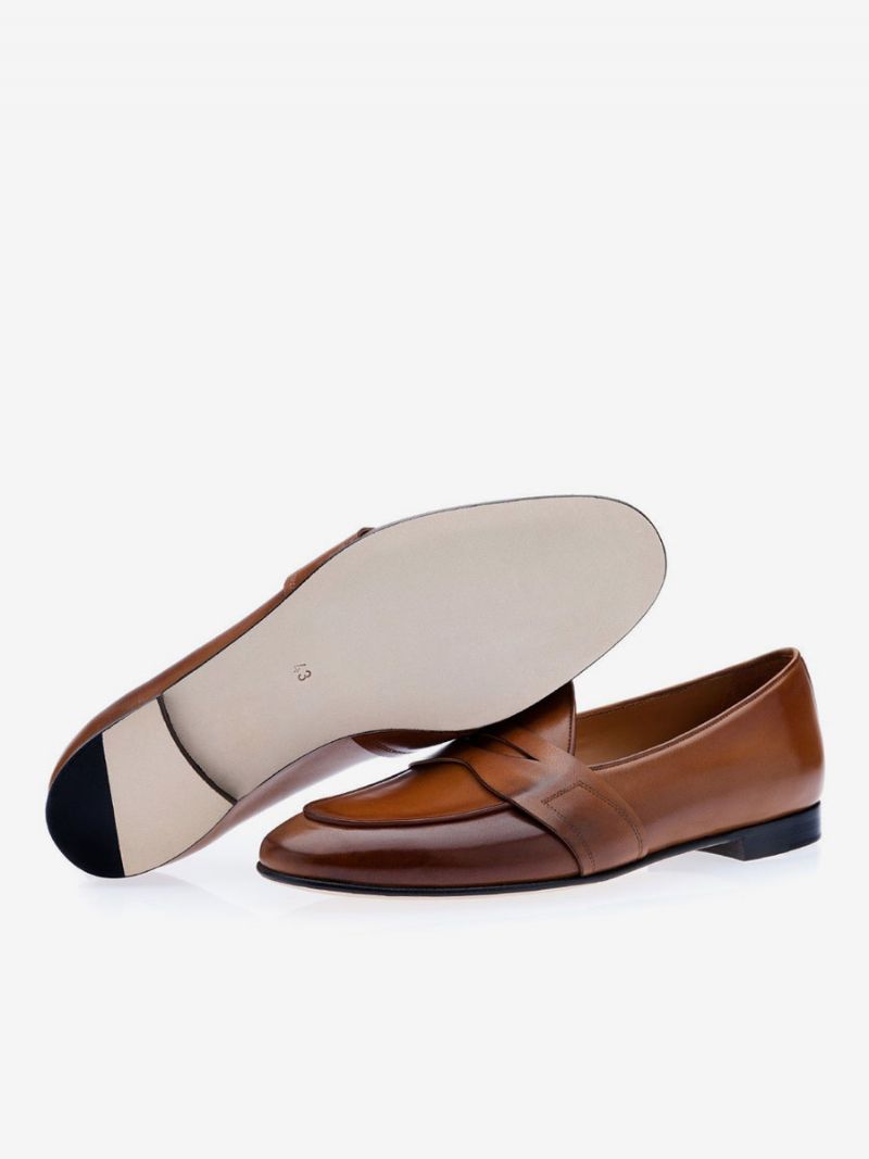 Mænds Penny Loafers Slip-on Rund Toe Dress Groom Sko - Mahogni