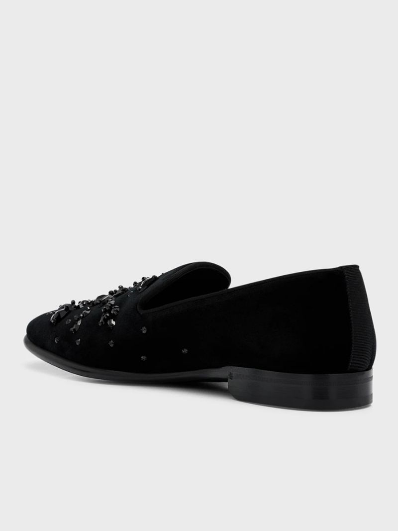 Mænds Prom Bryllup Sort Ruskind Læder Rund Tå Geometriske Rhinestones Slip-on Loafers - Sort