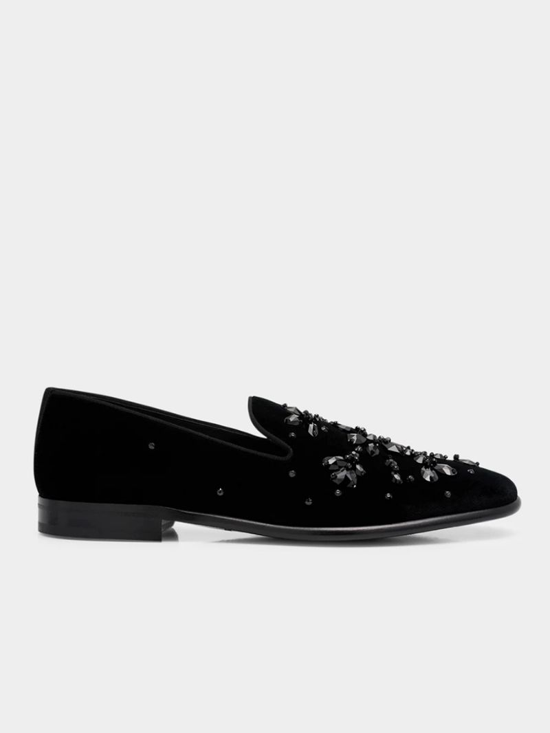 Mænds Prom Bryllup Sort Ruskind Læder Rund Tå Geometriske Rhinestones Slip-on Loafers - Sort