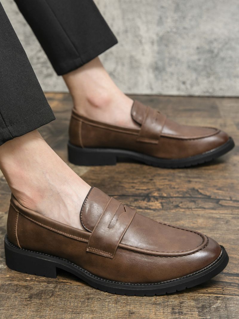 Mænds Prom Loafers Slip-on Rund Tå Pu Læder Loafer Sko - Kaffe Brun