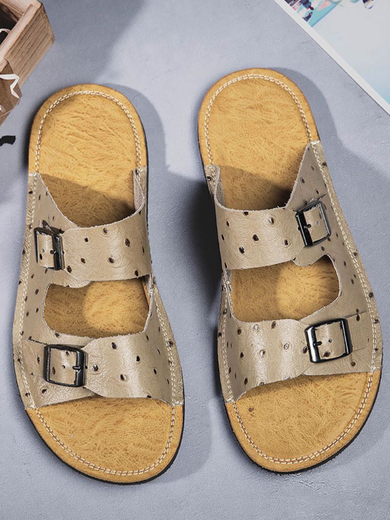 Mænds Sandaler Til Mænd Slip-on Kohud Gummisål - Khaki